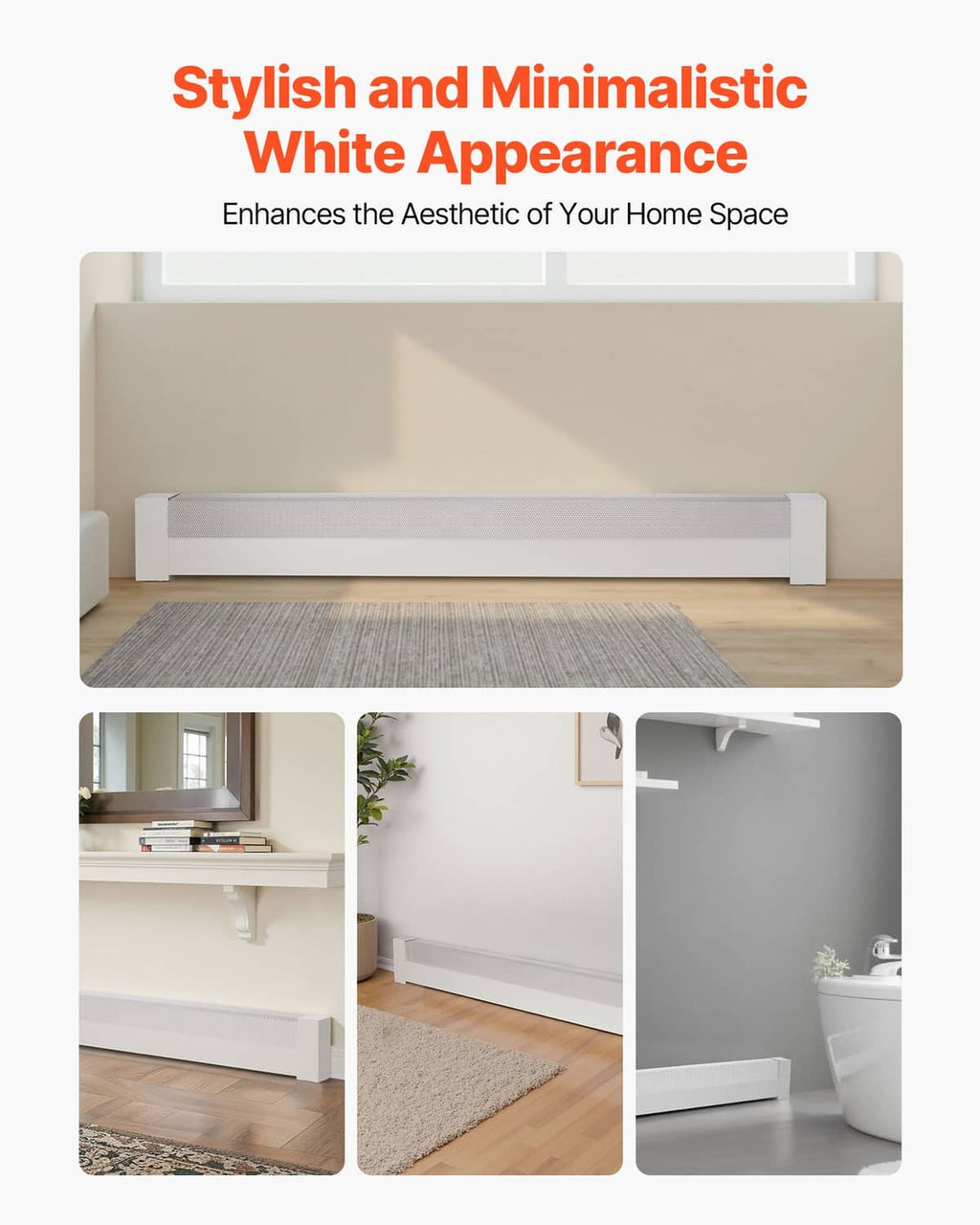 White baseboard heater cover with smooth front panel and vent grille