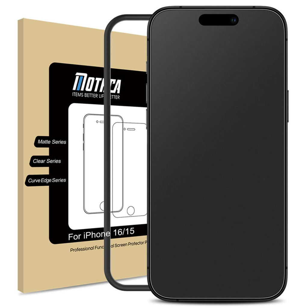 Matte glass screen protector for iPhone 16/15, with phone front and boxed package