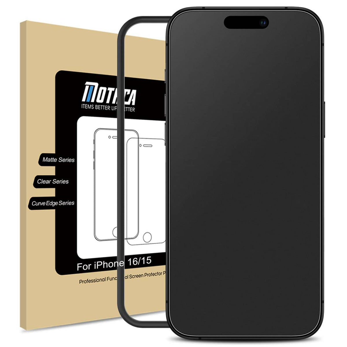 Matte glass screen protector for iPhone 16/15, with phone front and boxed package