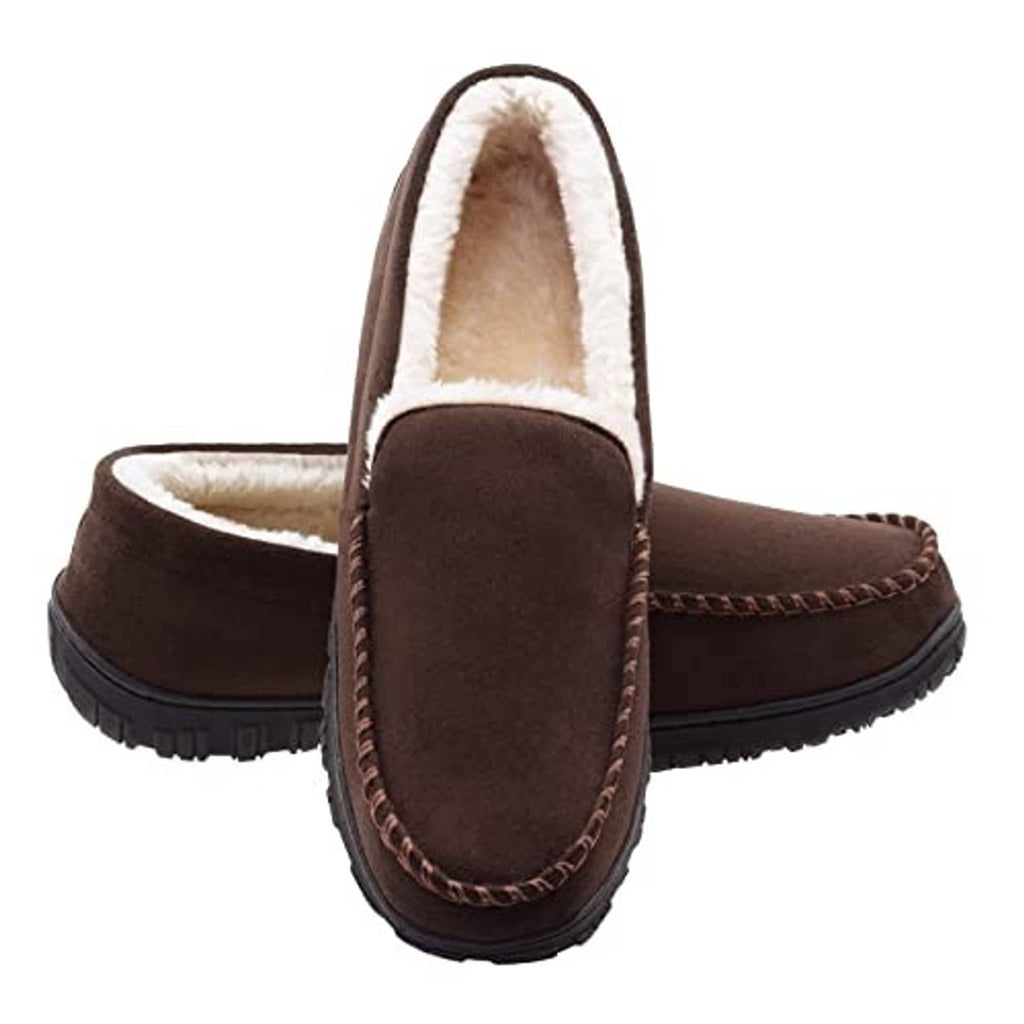Brown moccasin slippers with plush white lining, stitched moc toe, thick sole