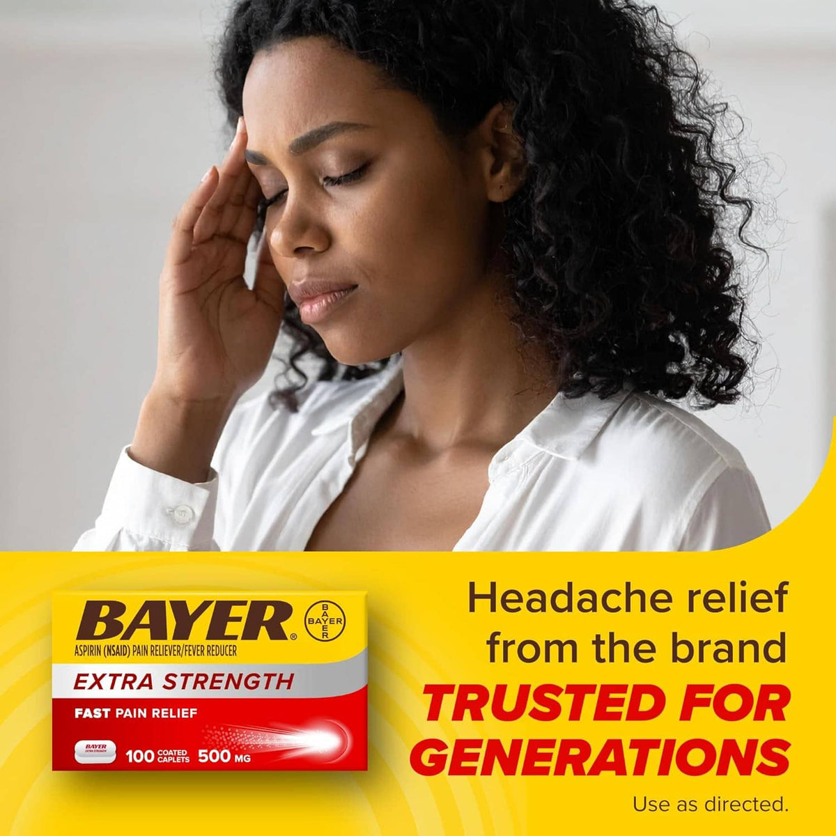 Bayer Extra Strength Aspirin box with headache relief message, trusted for generations