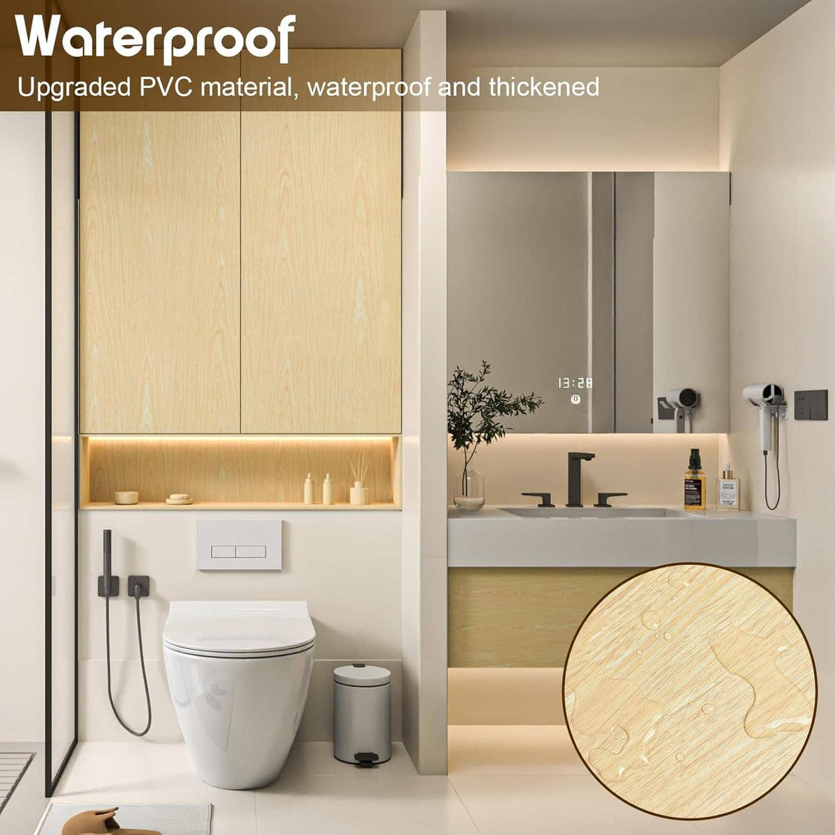 Light wood peel-and-stick contact paper with wood-grain pattern, applied to wall