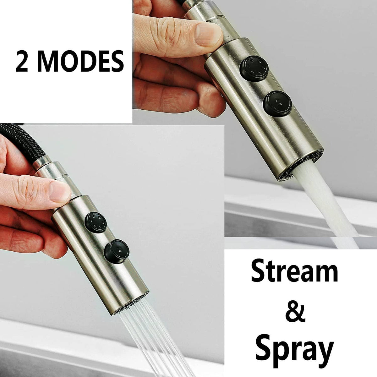 Brushed nickel pull-down faucet sprayer head delivering stream and spray