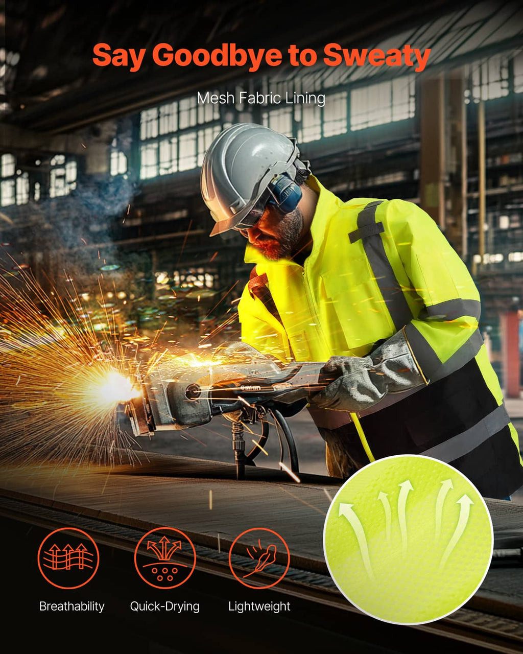 Hi-vis reflective safety jacket in bright yellow with black sleeves and wide reflective stripe
