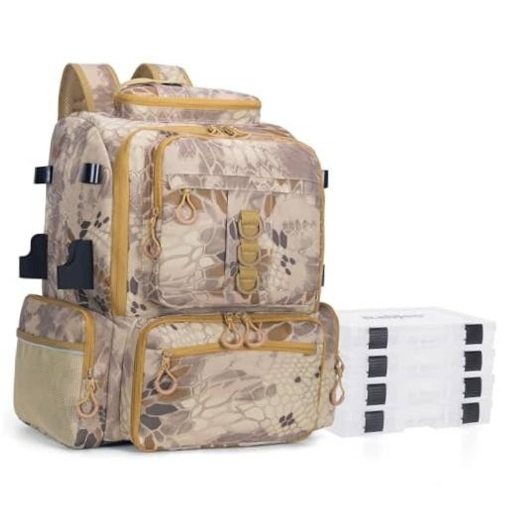 Khaki camo fishing tackle backpack with front zip compartments and side pockets