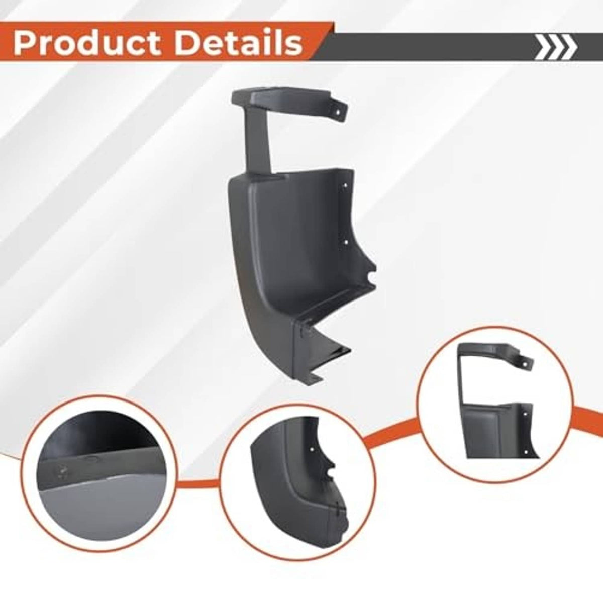 Rear left bumper side end cap cover, dark gray plastic with curved edge and cutouts