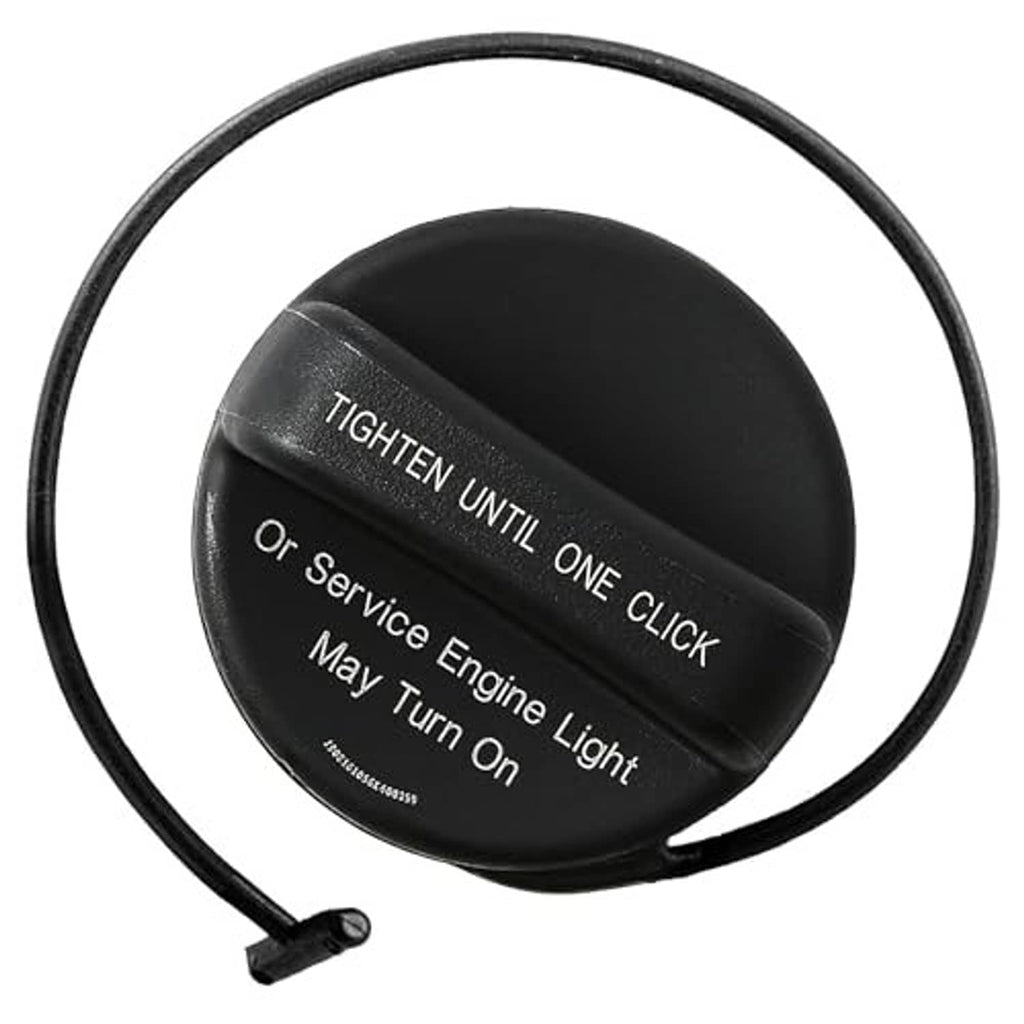 Black fuel gas cap with tether ring; close view of raised locking text