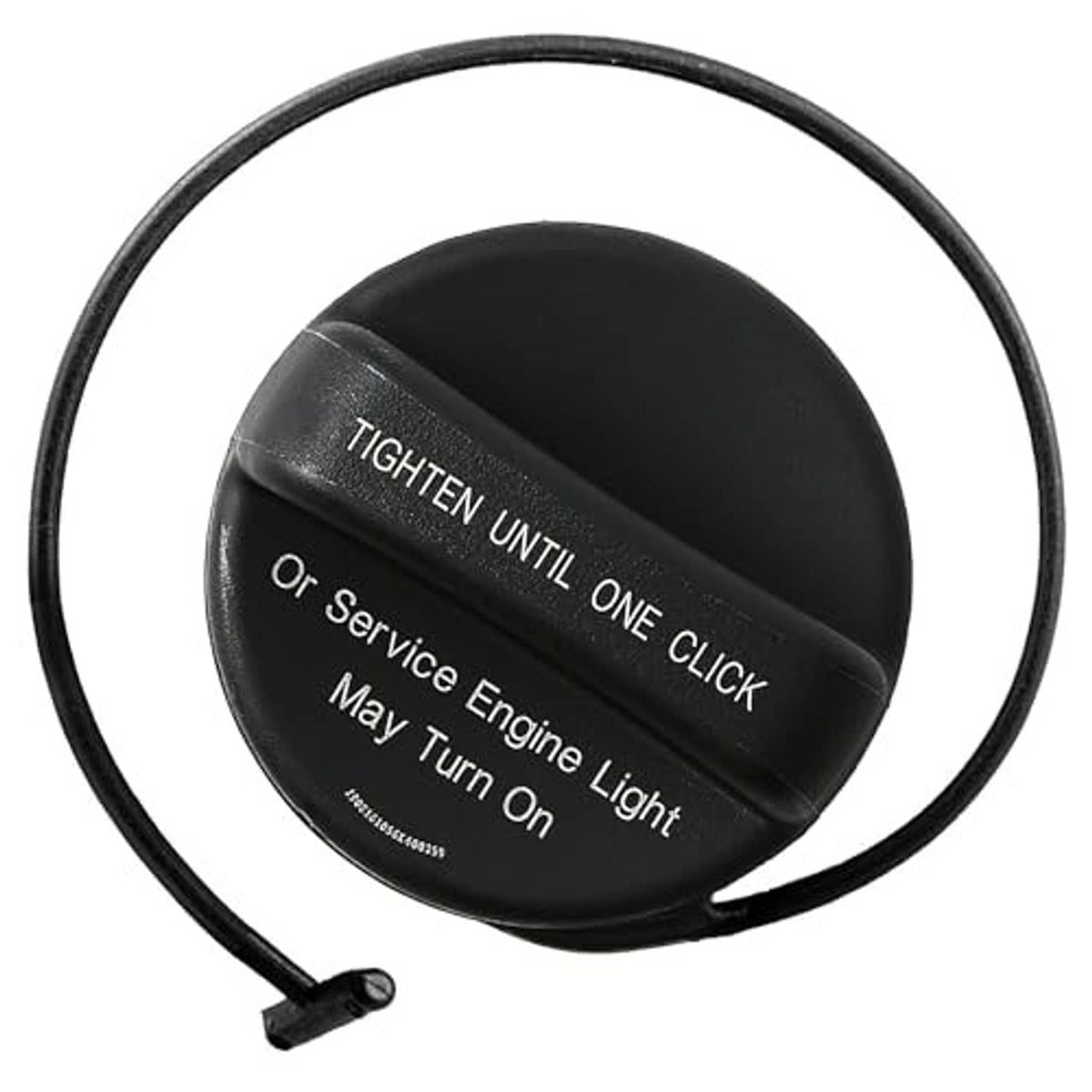 Black fuel gas cap with tether ring; close view of raised locking text