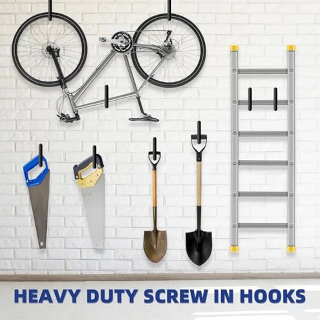 Black screw-in ladder wall hooks holding shovels and tools, multi-hook set