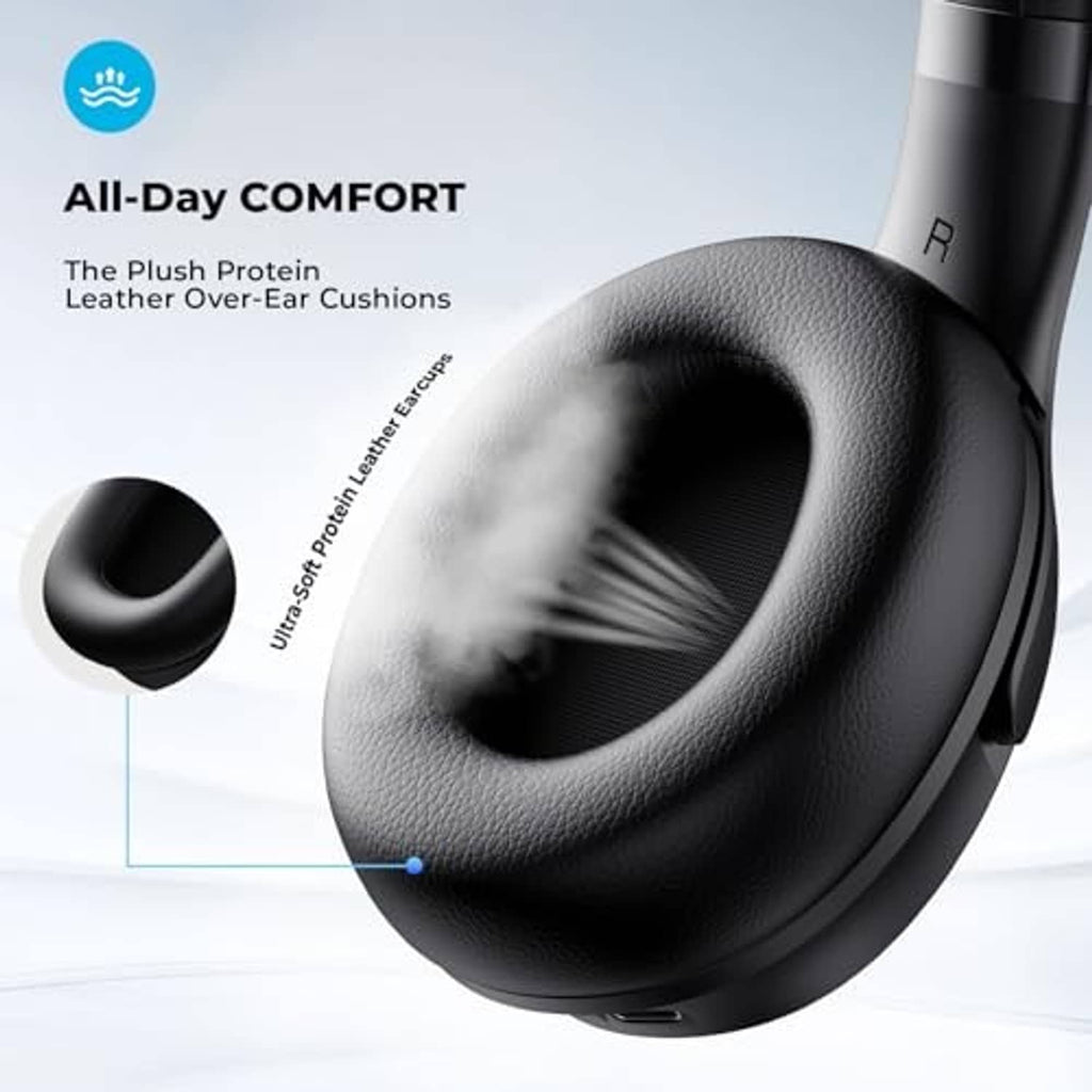 Black over-ear headphone ear cushion with textured soft padding, close-up detail