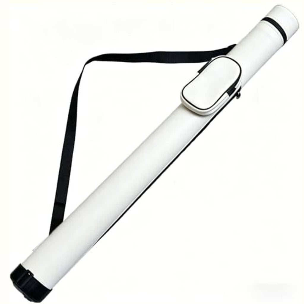 White hard pool cue case with rounded zipper pouch and shoulder strap