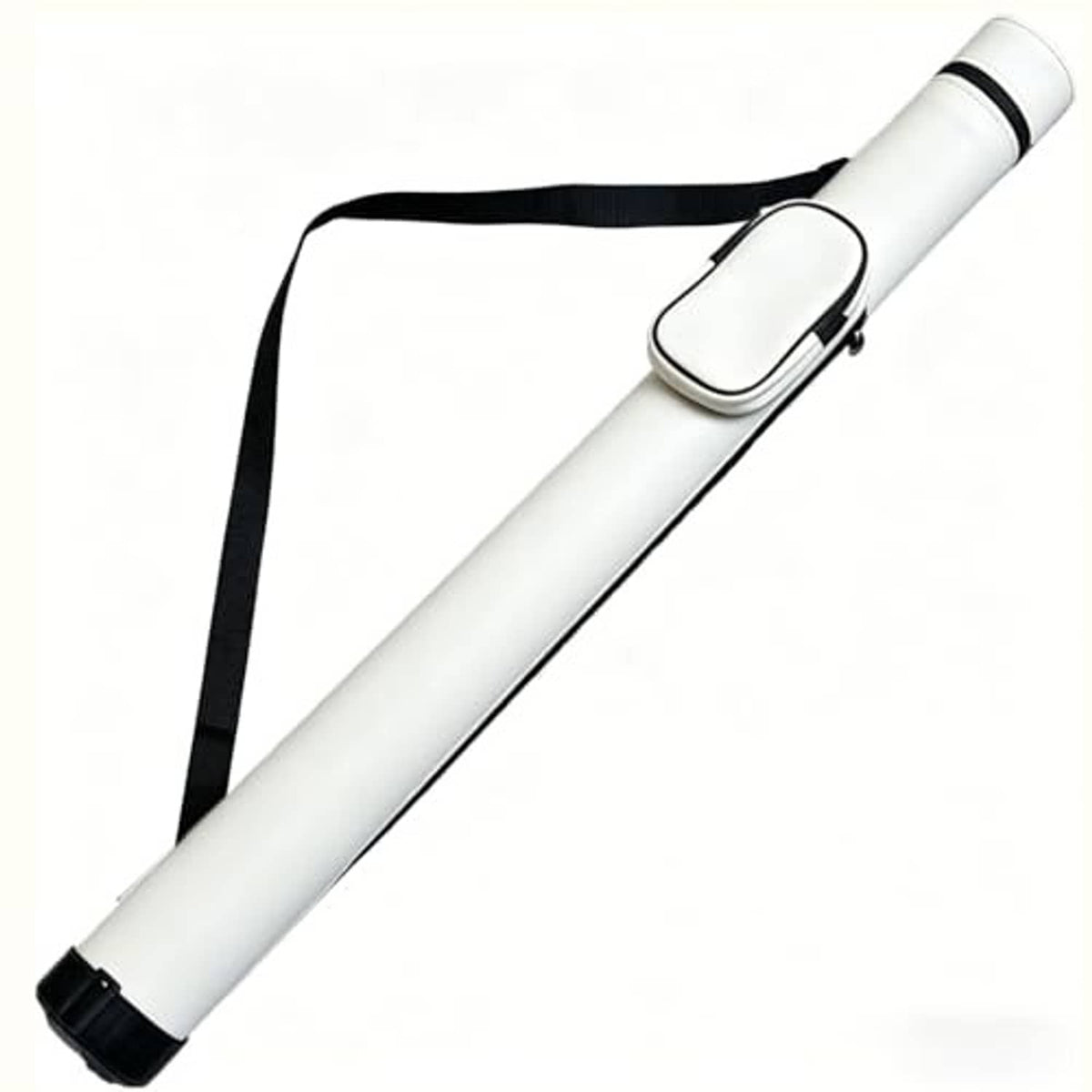 White hard pool cue case with rounded zipper pouch and shoulder strap
