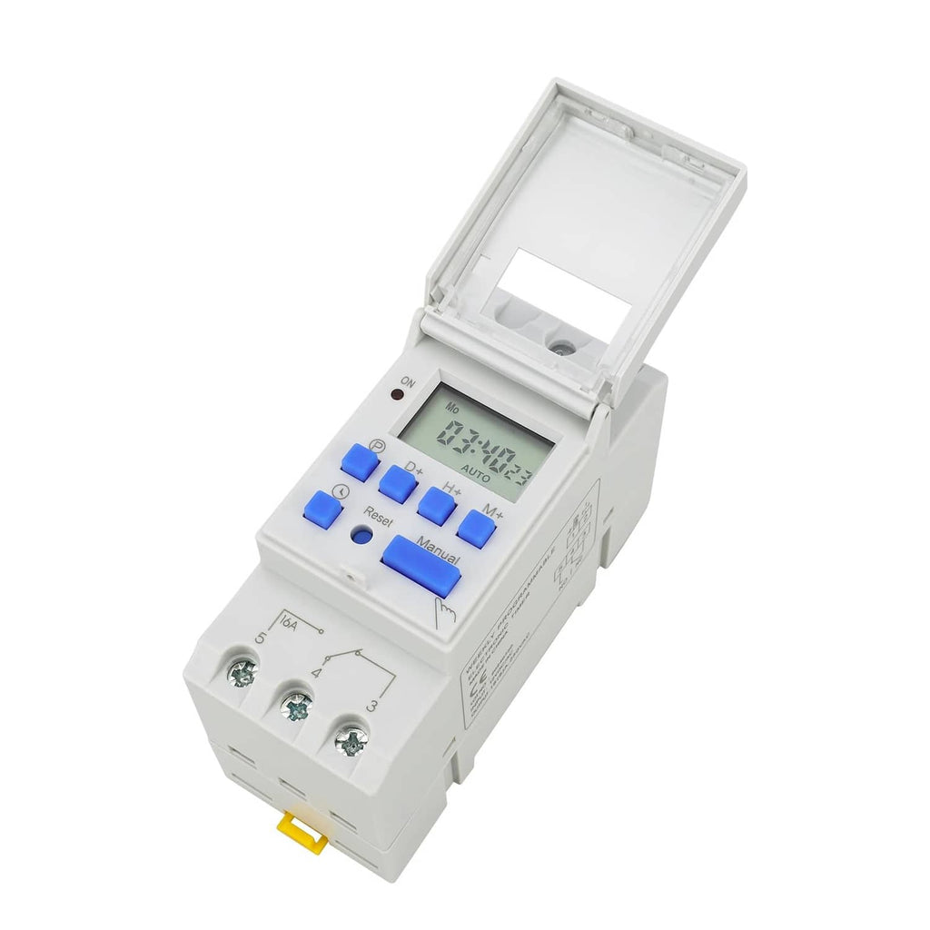 Weekly programmable timer relay with front cover open, LCD and blue buttons for programming