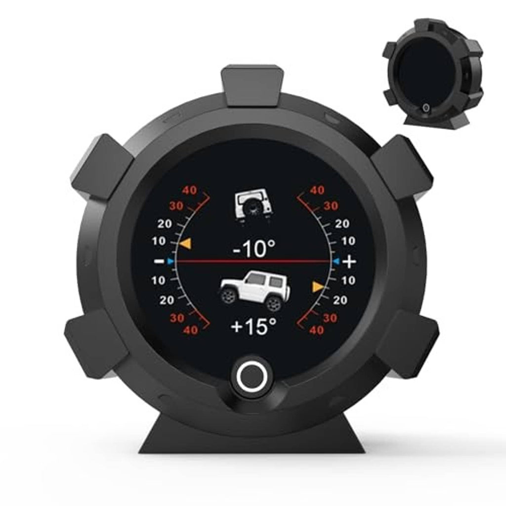 Black circular GPS speedometer HUD inclinometer display with -10° tilt and car speed scale