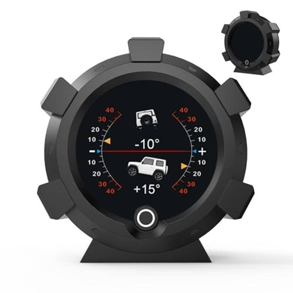 Black circular GPS speedometer HUD inclinometer display with -10° tilt and car speed scale