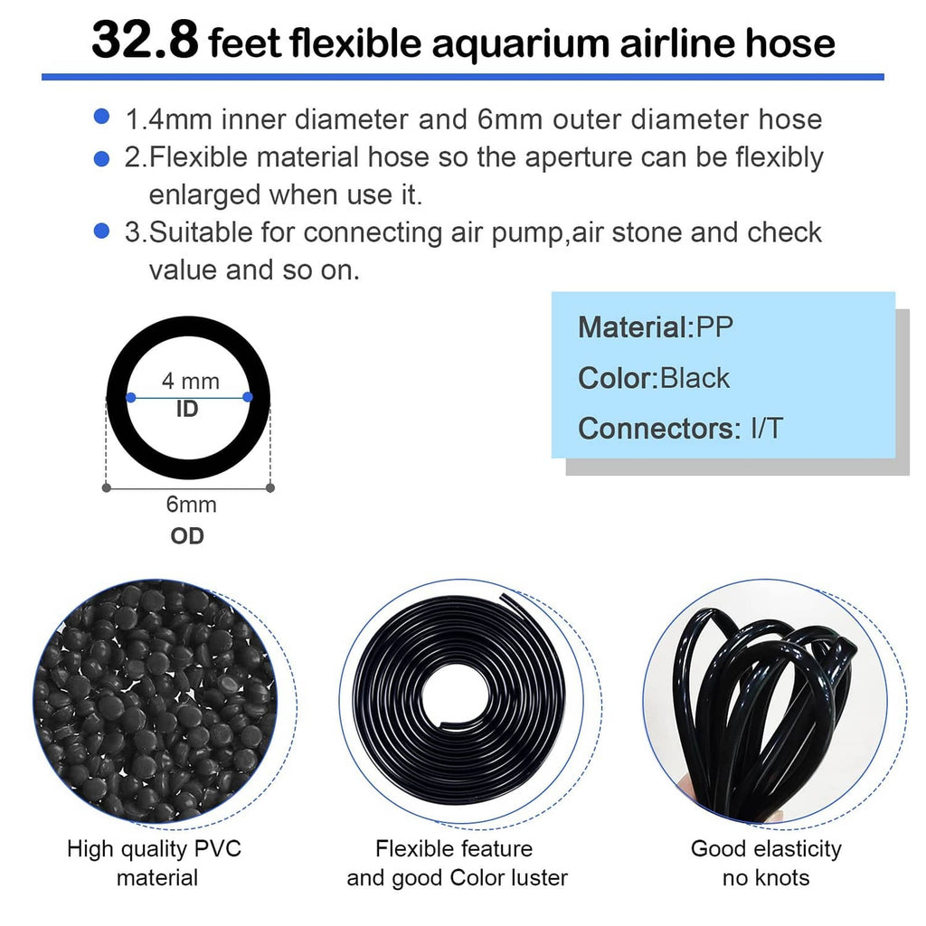 Black flexible aquarium airline hose coil, 4mm inner diameter and 6mm outer diameter