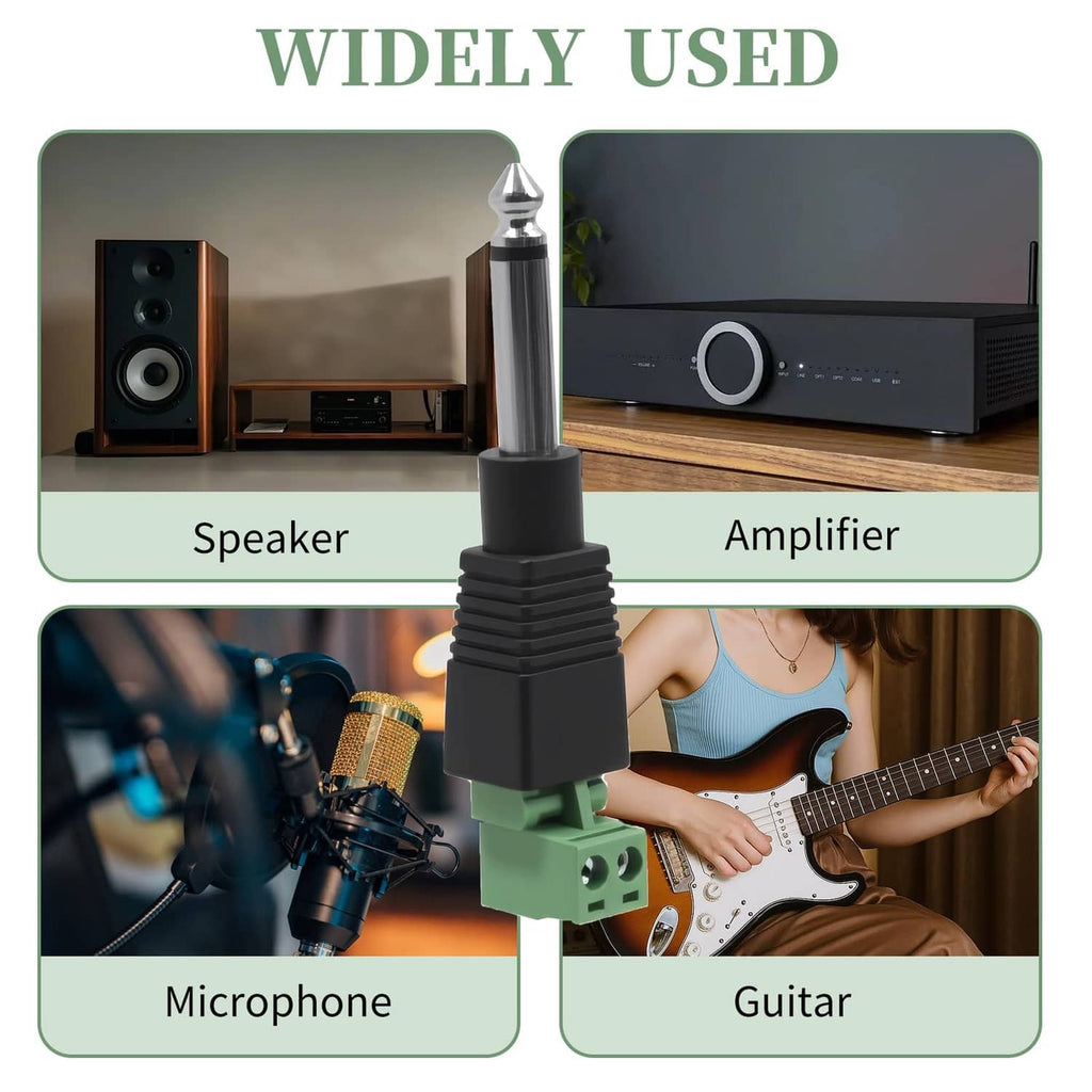 6.35mm mono audio jack plug with green screw terminal block and metal tip