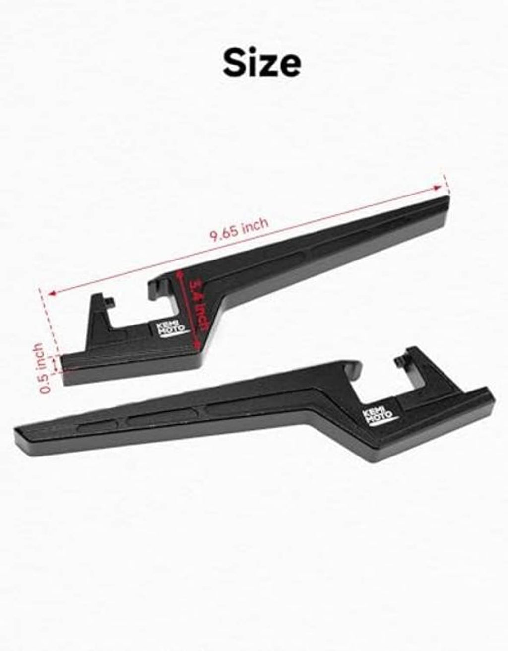 Black adjustable passenger footpeg set, shown with size measurement and mounting base