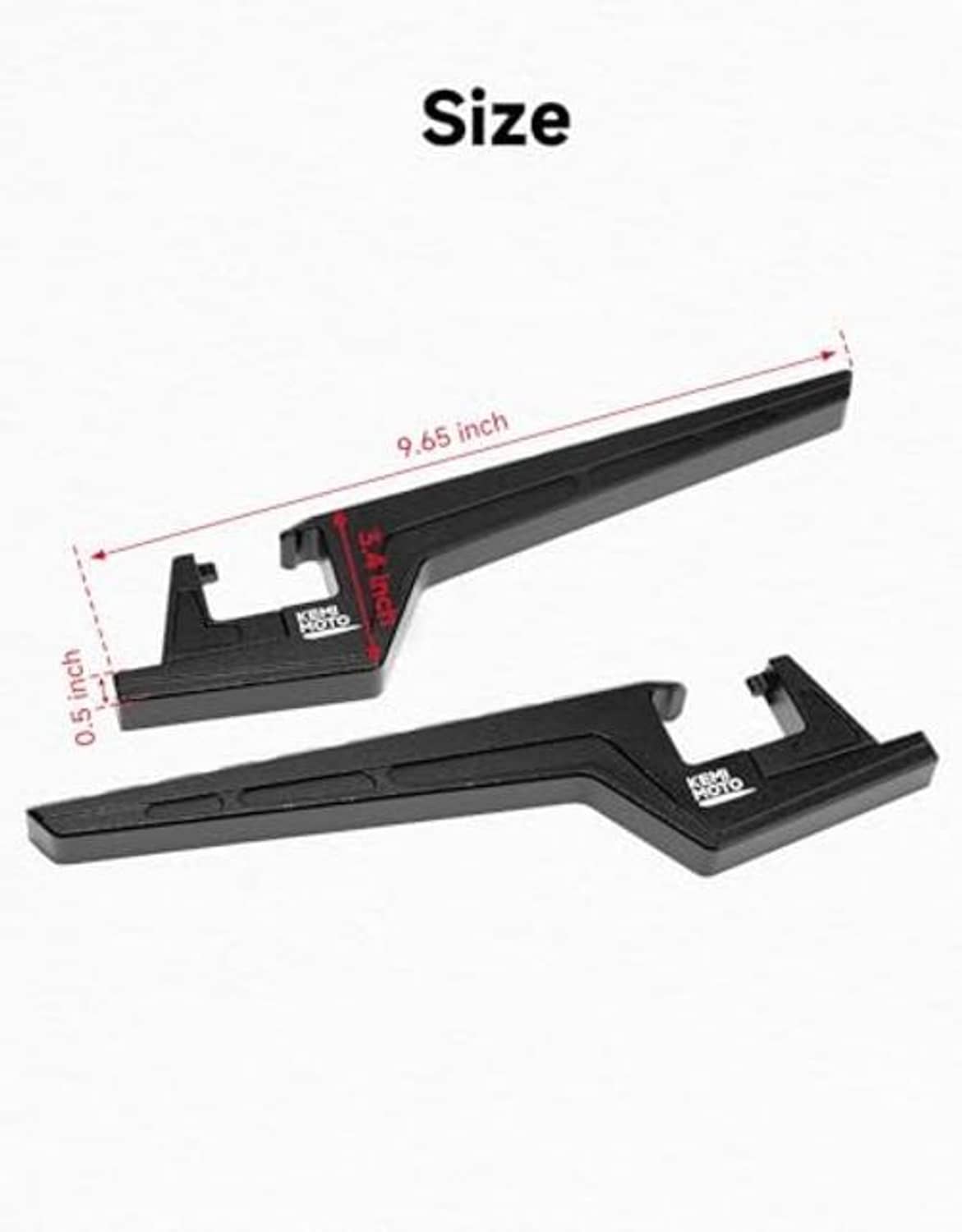 Black adjustable passenger footpeg set, shown with size measurement and mounting base
