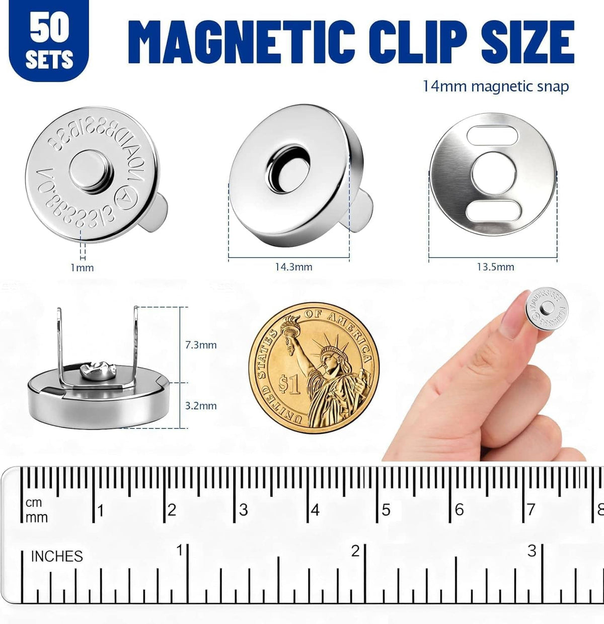 Magnetic snap closure size diagram with metal snap parts, including 14mm measurement