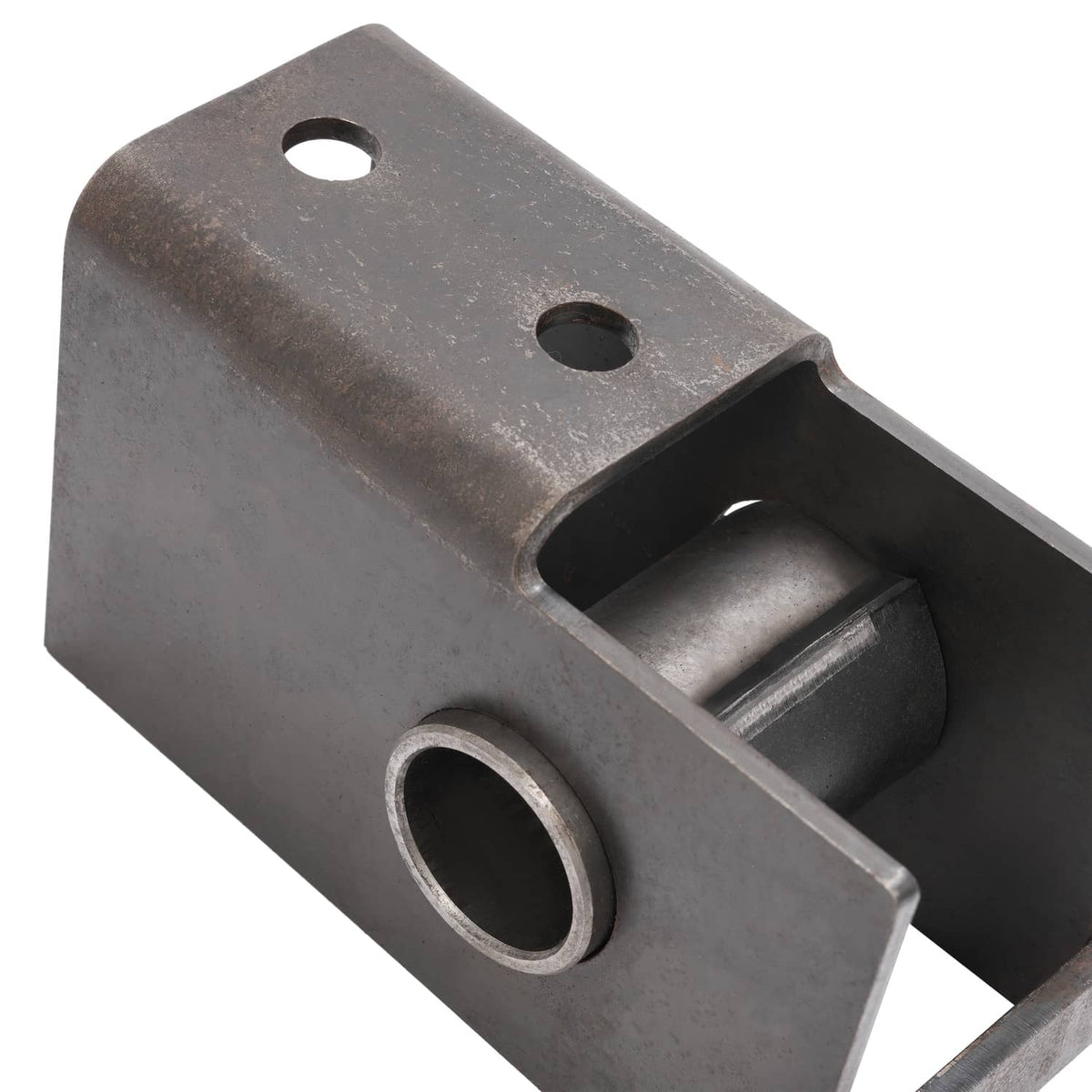 Single trailer hanger bracket with circular bushing hole and open channel