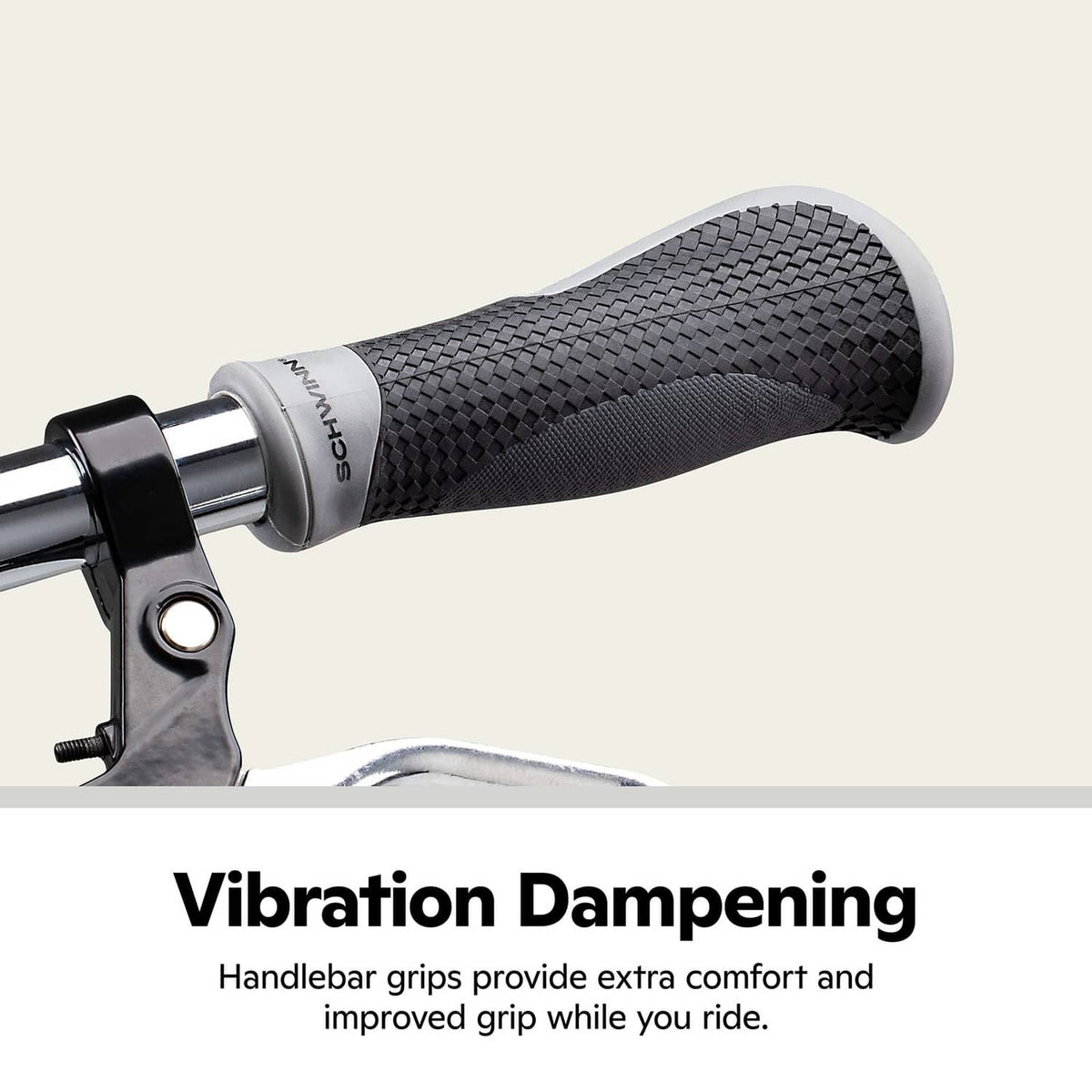 Textured bike grip mounted on handlebar with black surface and gray end rings