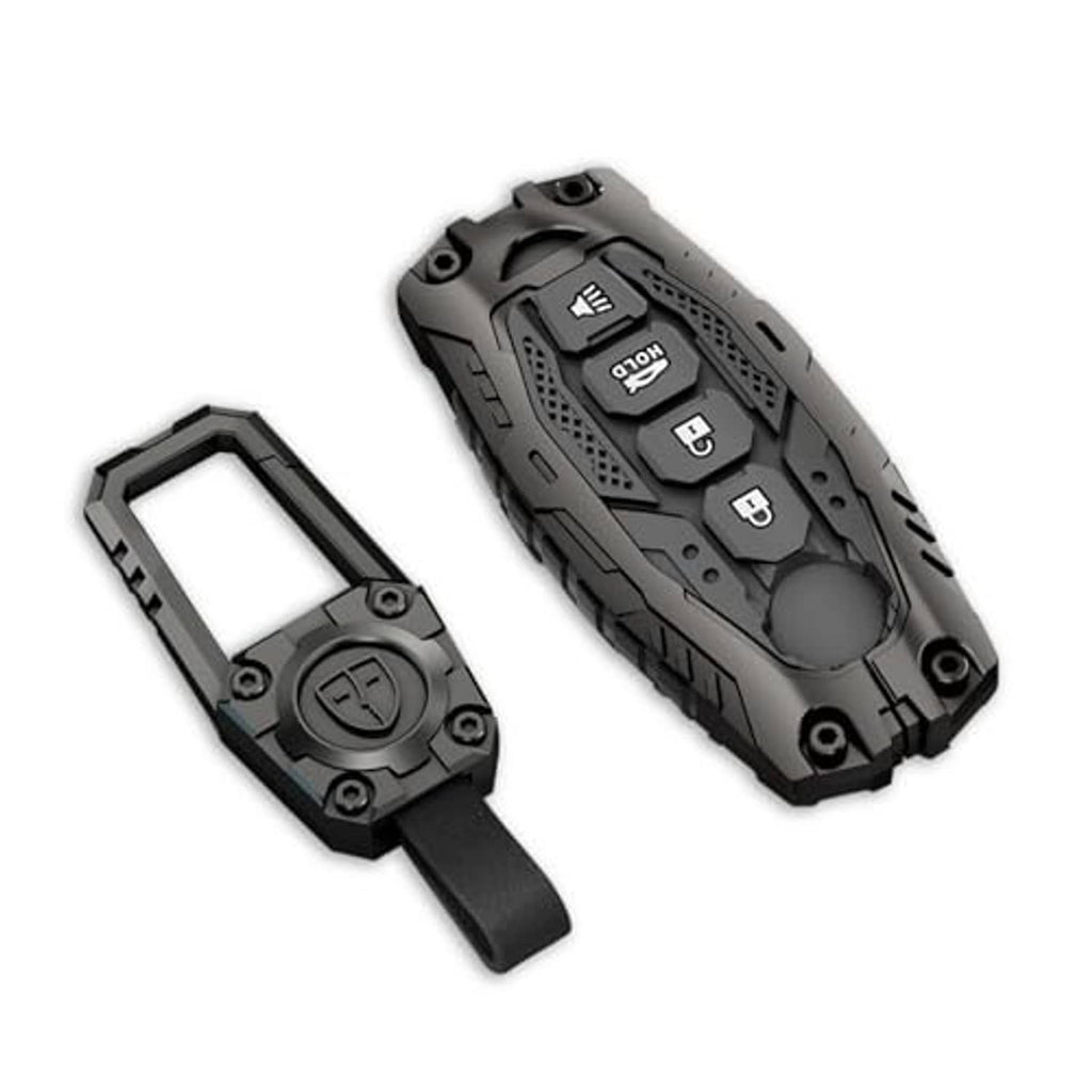 Black key fob cover case with engraved button icons and keyring strap, front view