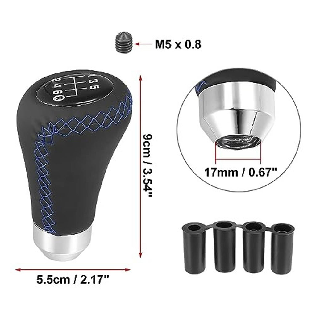 Black 6-speed gear shift knob with blue stitching, silver base, and four mounting adapters
