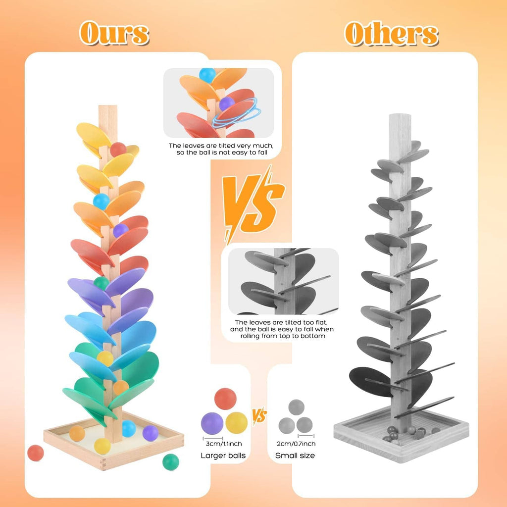 Wooden marble run music tree toy with multicolor leaf ramps and wooden base