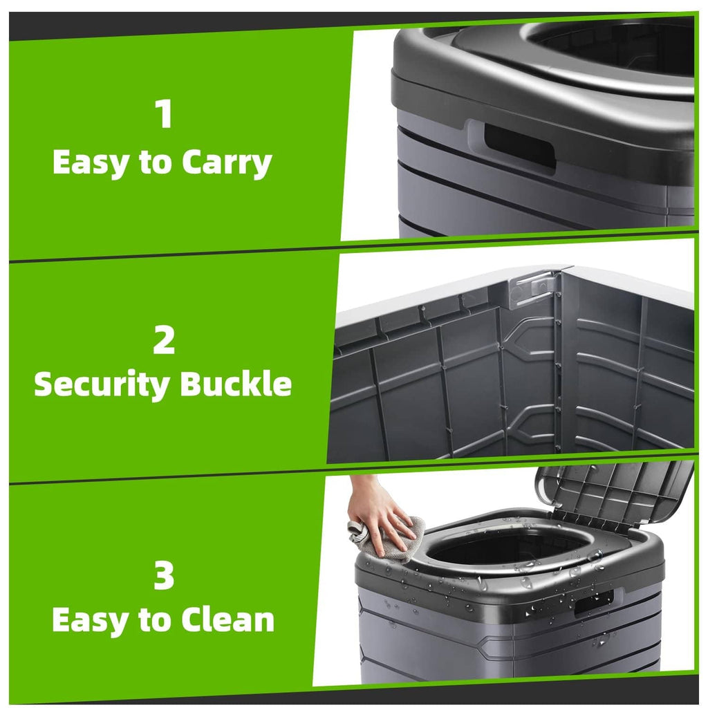 Gray portable toilet with carry handle and hinged lid opening