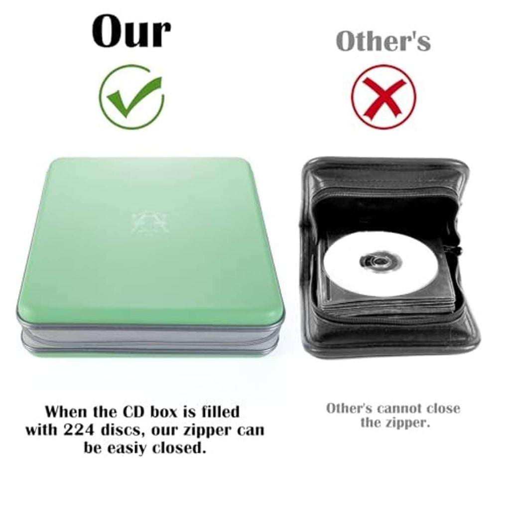 Green hard-plastic CD organizer case with stack base and double-zip closure