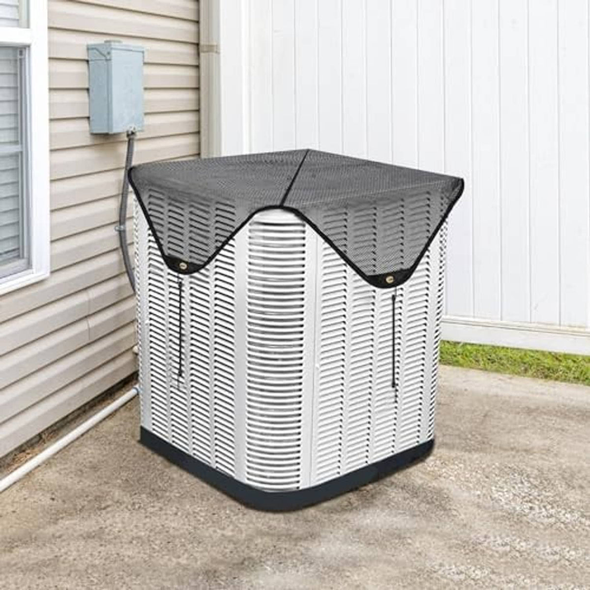 Outdoor AC unit mesh cover, dark top mesh with fitted side ventilation and hooks