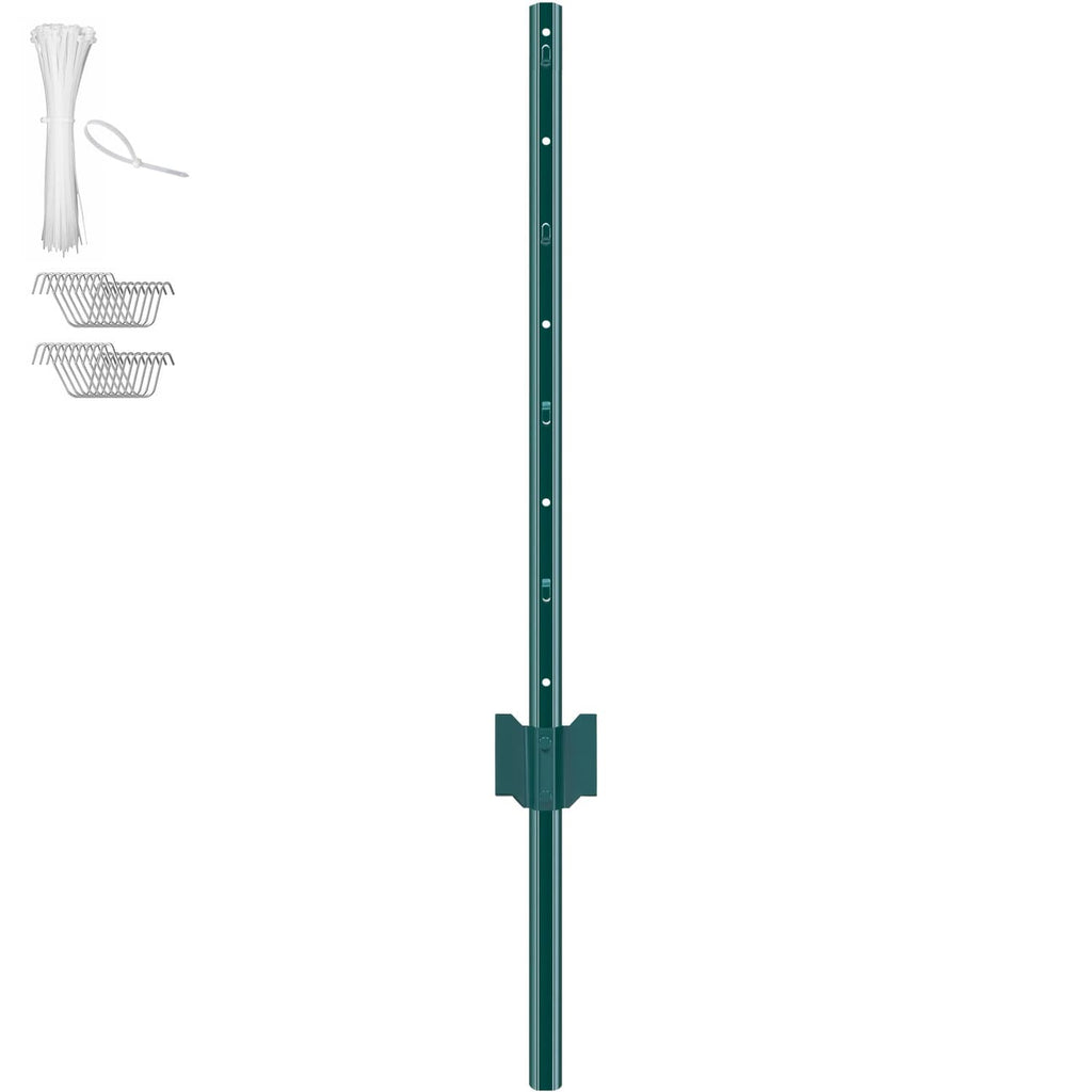 Green metal fence post with included zip ties and metal clips