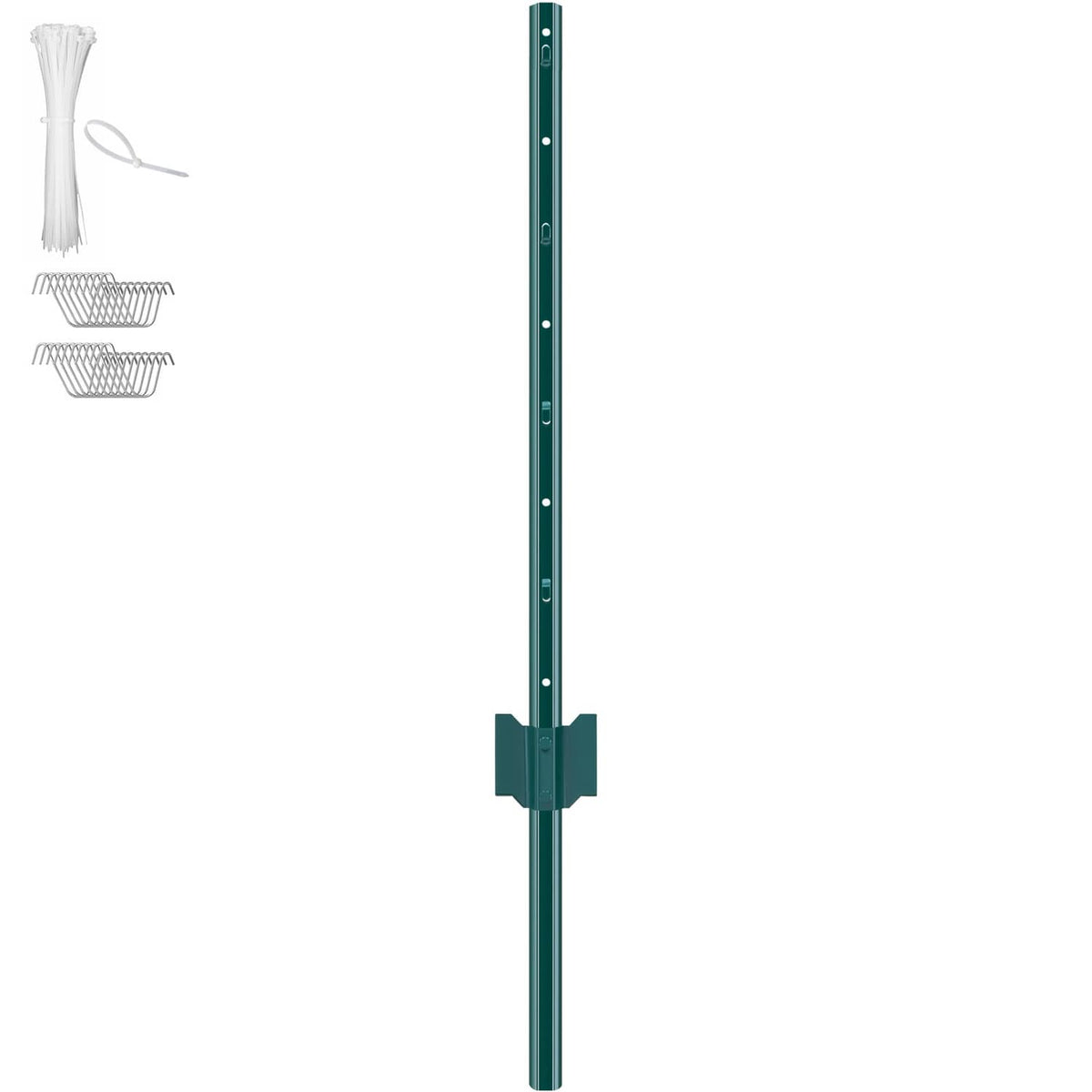 Green metal fence post with included zip ties and metal clips