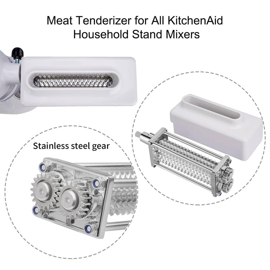 Meat tenderizer attachment featuring stainless steel gear roller drum