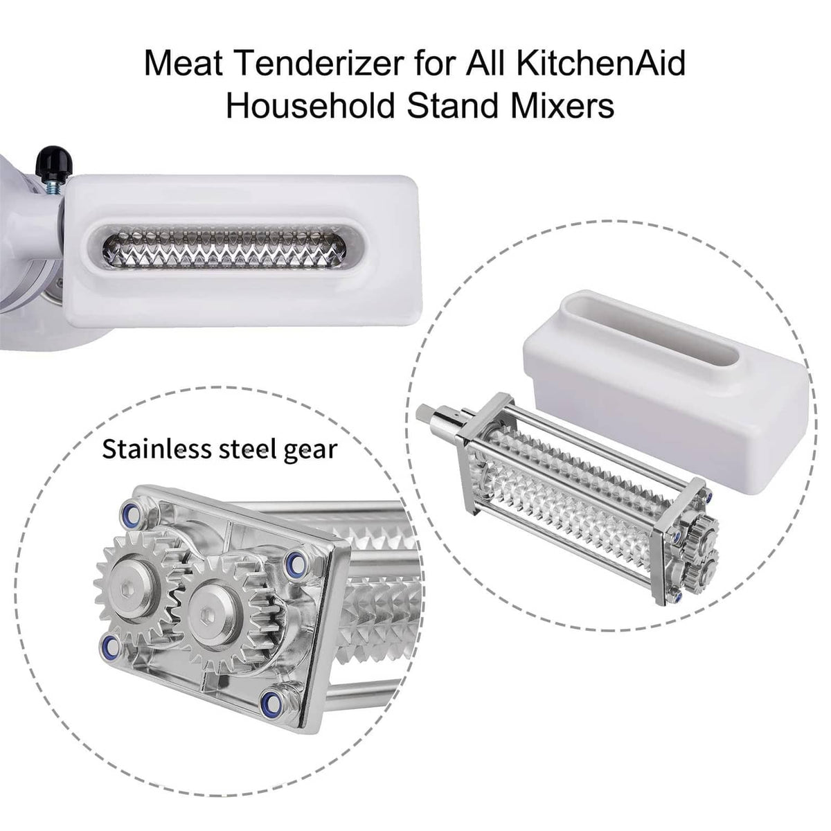 Meat tenderizer attachment featuring stainless steel gear roller drum