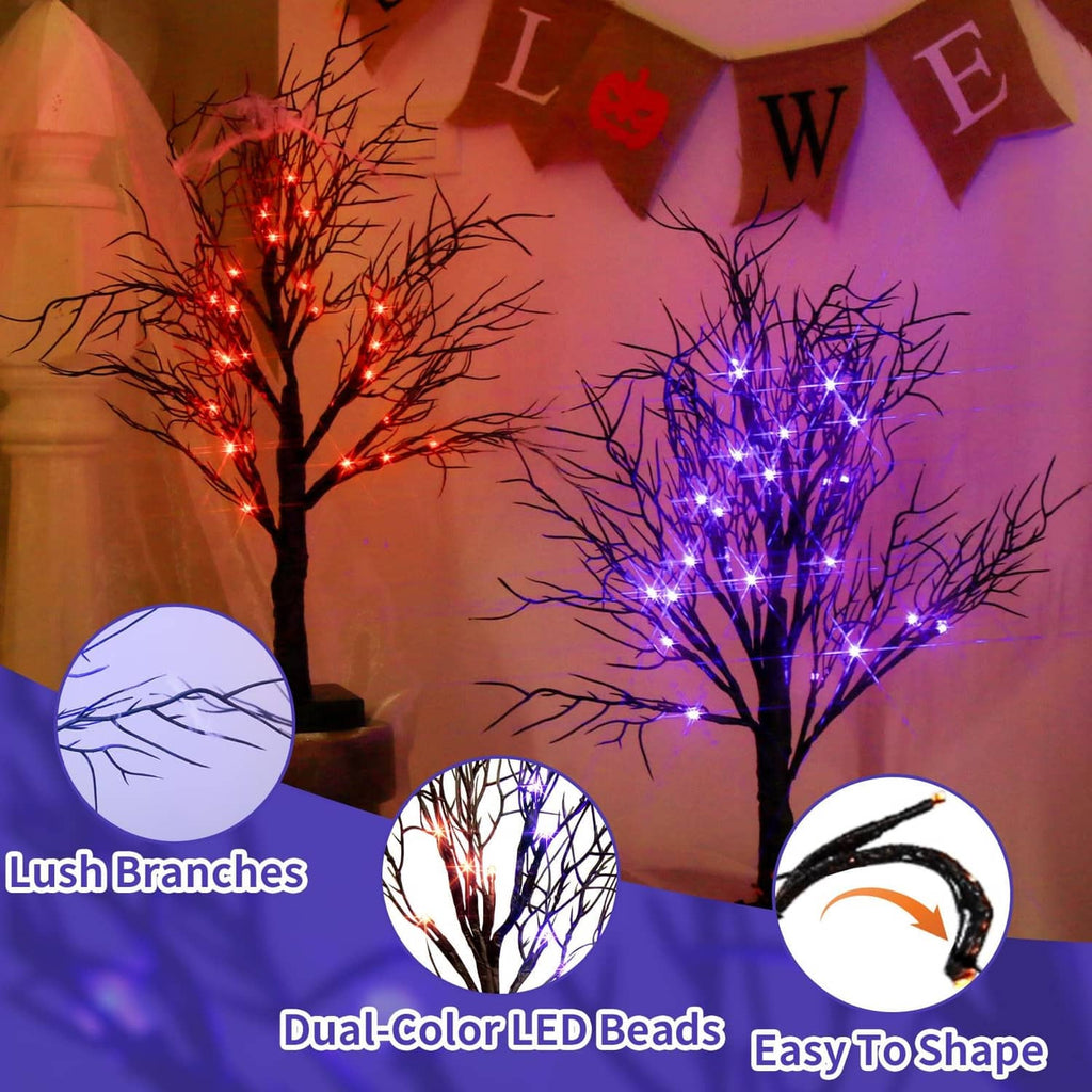 Halloween LED light trees with purple and orange branches, dual-color bead lights