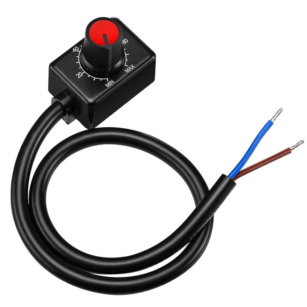 DC LED dimmer knob controller with red indicator, black housing and cable leads