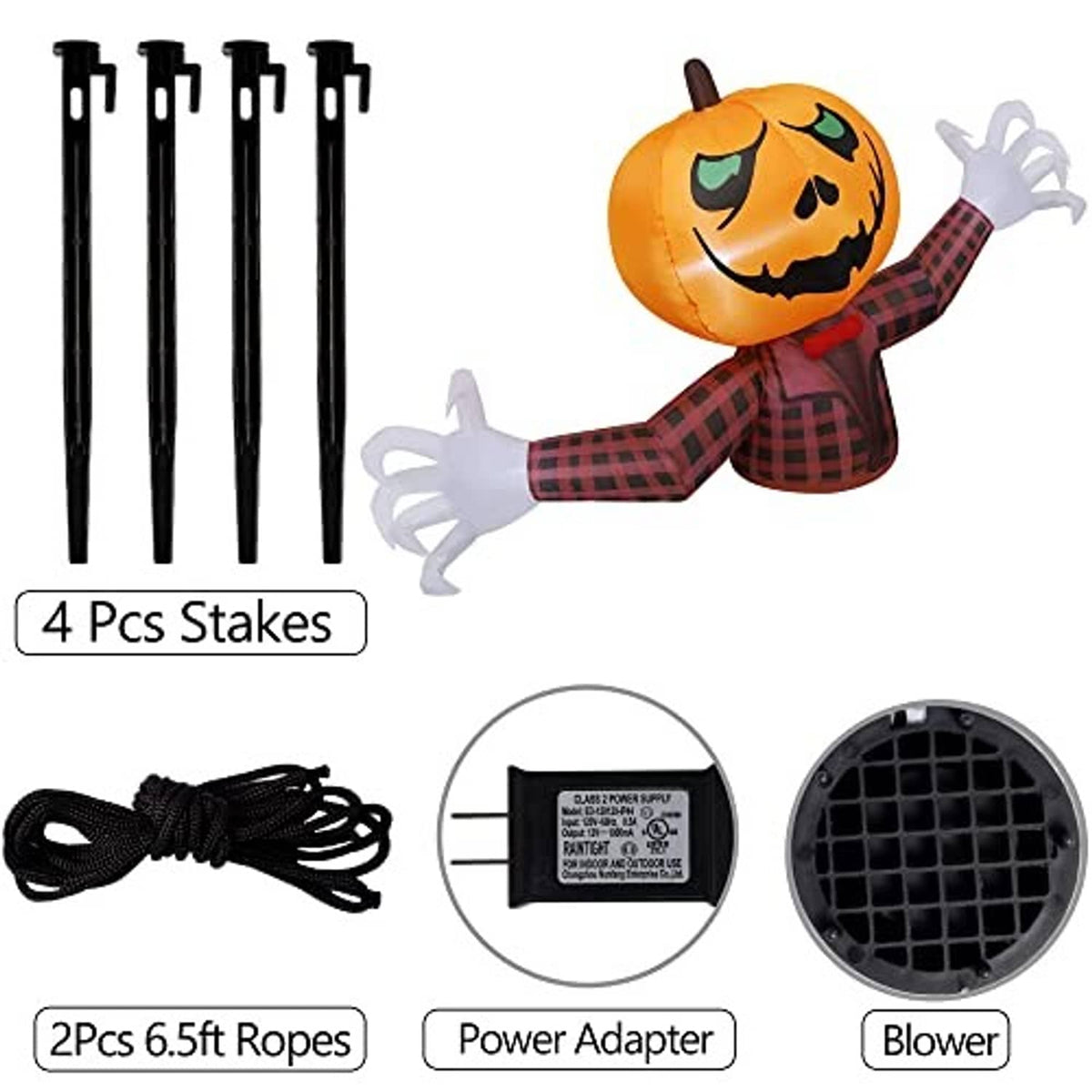 Halloween inflatable pumpkin ghost with accessories: stakes, ropes, power adapter, blower