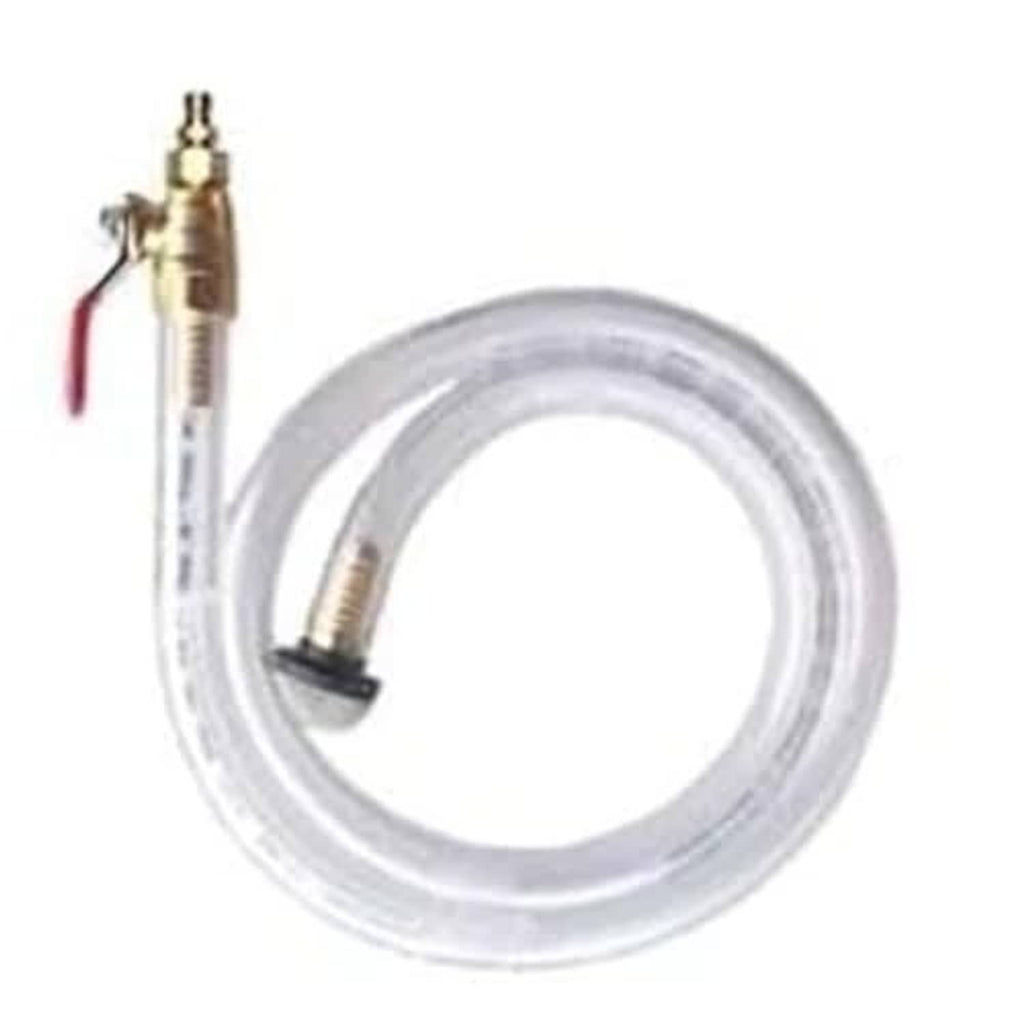 Clear flexible hose with brass fitting and red loop handle