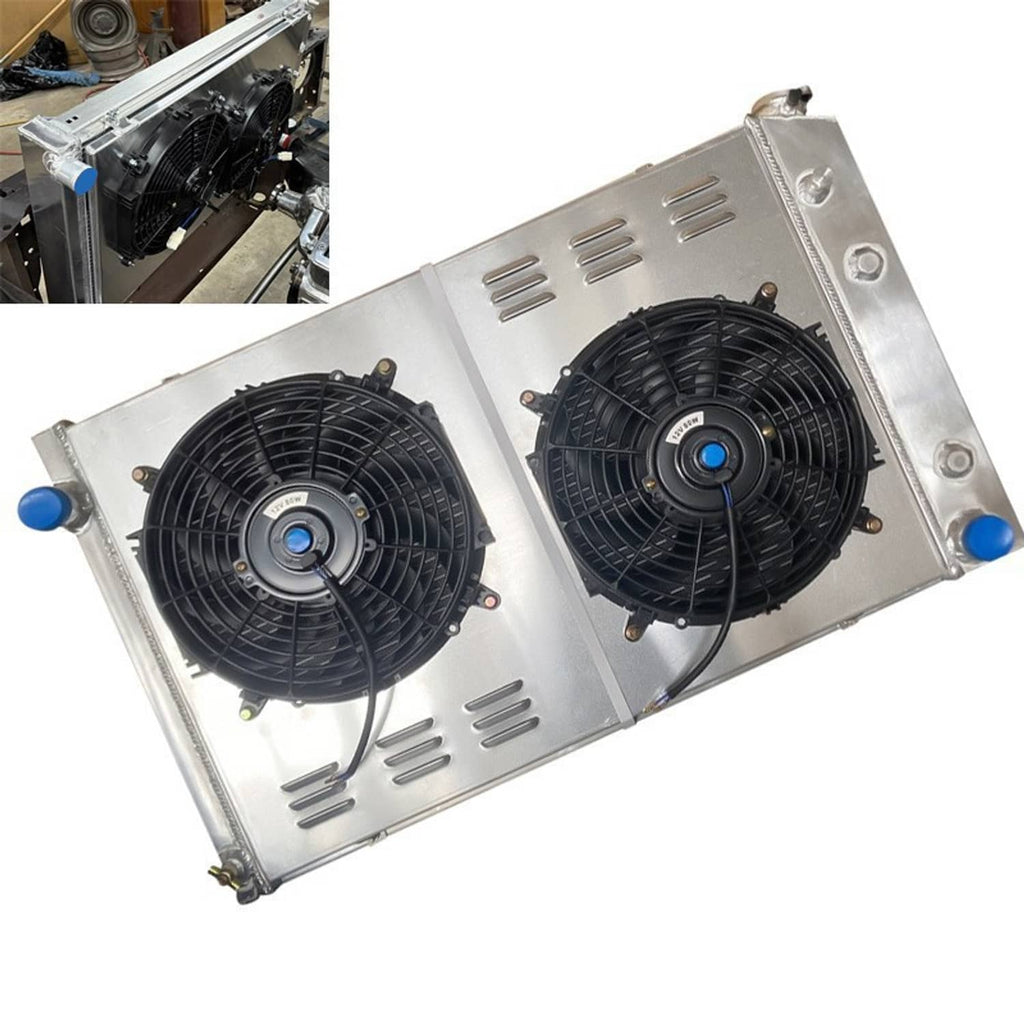 Dual-fan radiator assembly with two black fan motors in silver housing