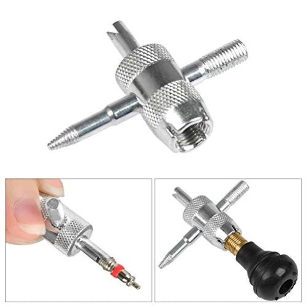 Chrome valve stem installer tool with black rubber end and threaded brass insert