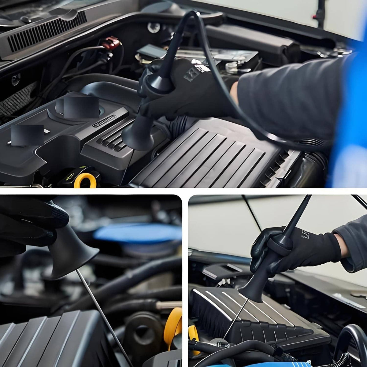 Automotive stethoscope shown on car engine components from multiple angles