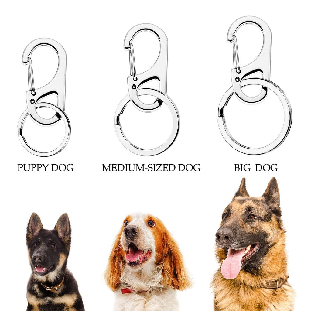 Stainless steel dog ID tag clips with round rings in three sizes