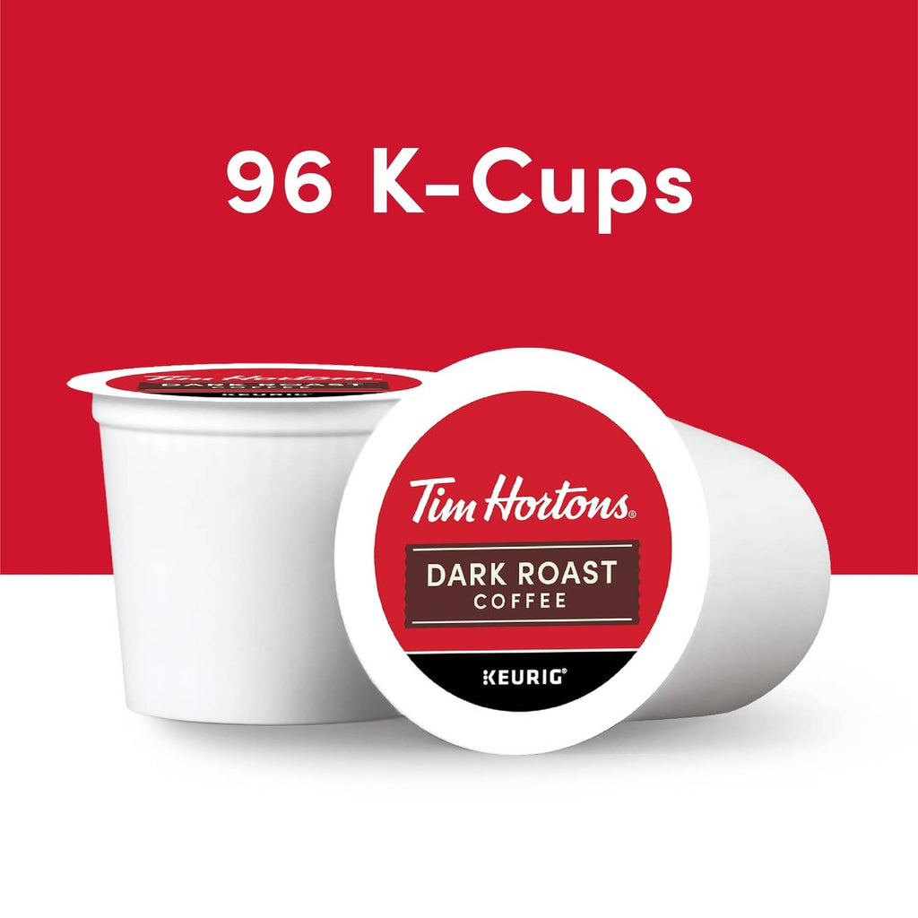 Tim Hortons Dark Roast 96 K-cup pod package with two white K-cups and lid