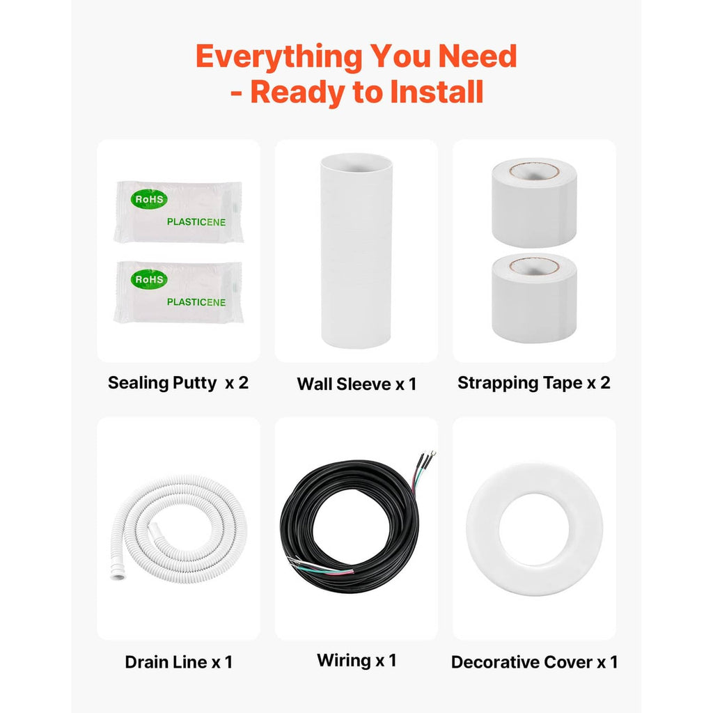 Mini split line set accessories kit: seal putty, wall sleeves, strapping tape