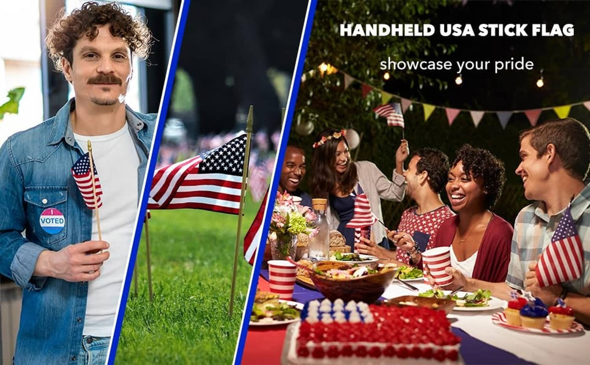 Handheld U.S. stick flag with red and white stripes and blue star field