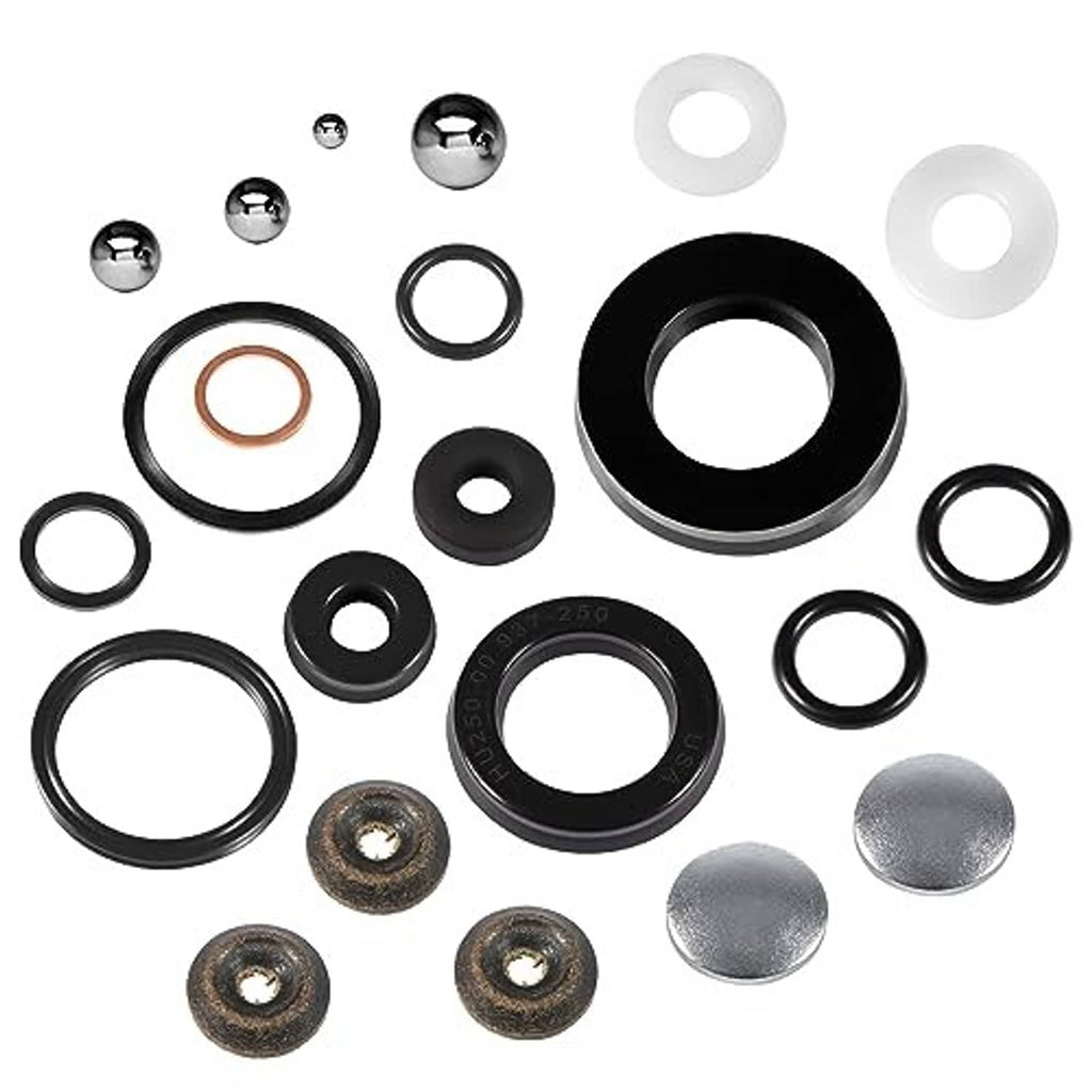 Floor jack seal kit with assorted black rubber seals, O-rings, and copper gasket