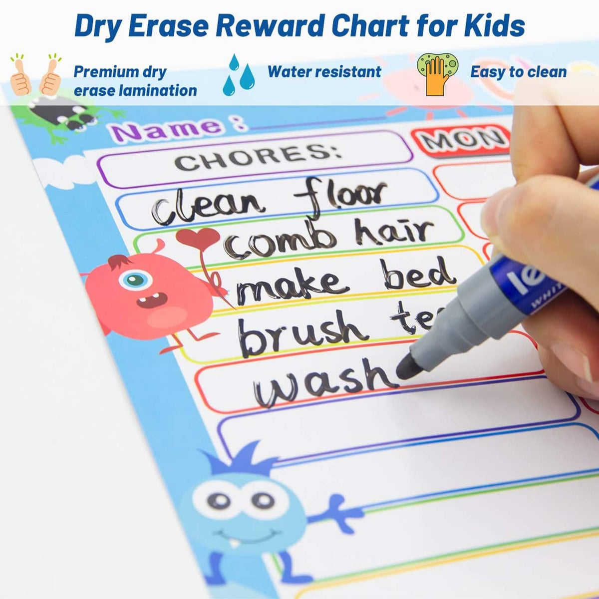 Dry-erase kids reward chore chart being written on with marker over blank lines