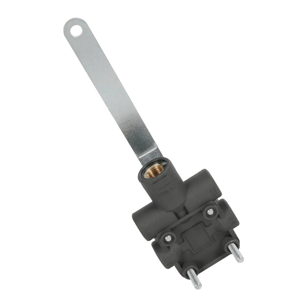 Leveling valve with long metal arm, black body, and threaded inlet port